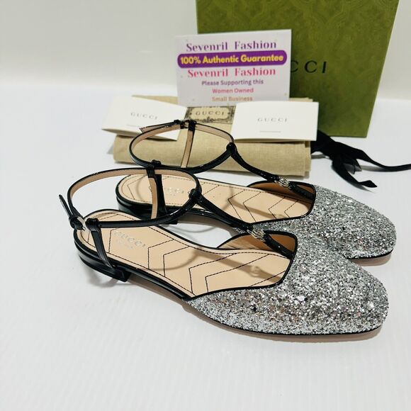 NIB Gucci Ballet Flat EU 38 US 8 Double G T-Strap Silver Glitter Shoes $920 - Picture 6 of 12